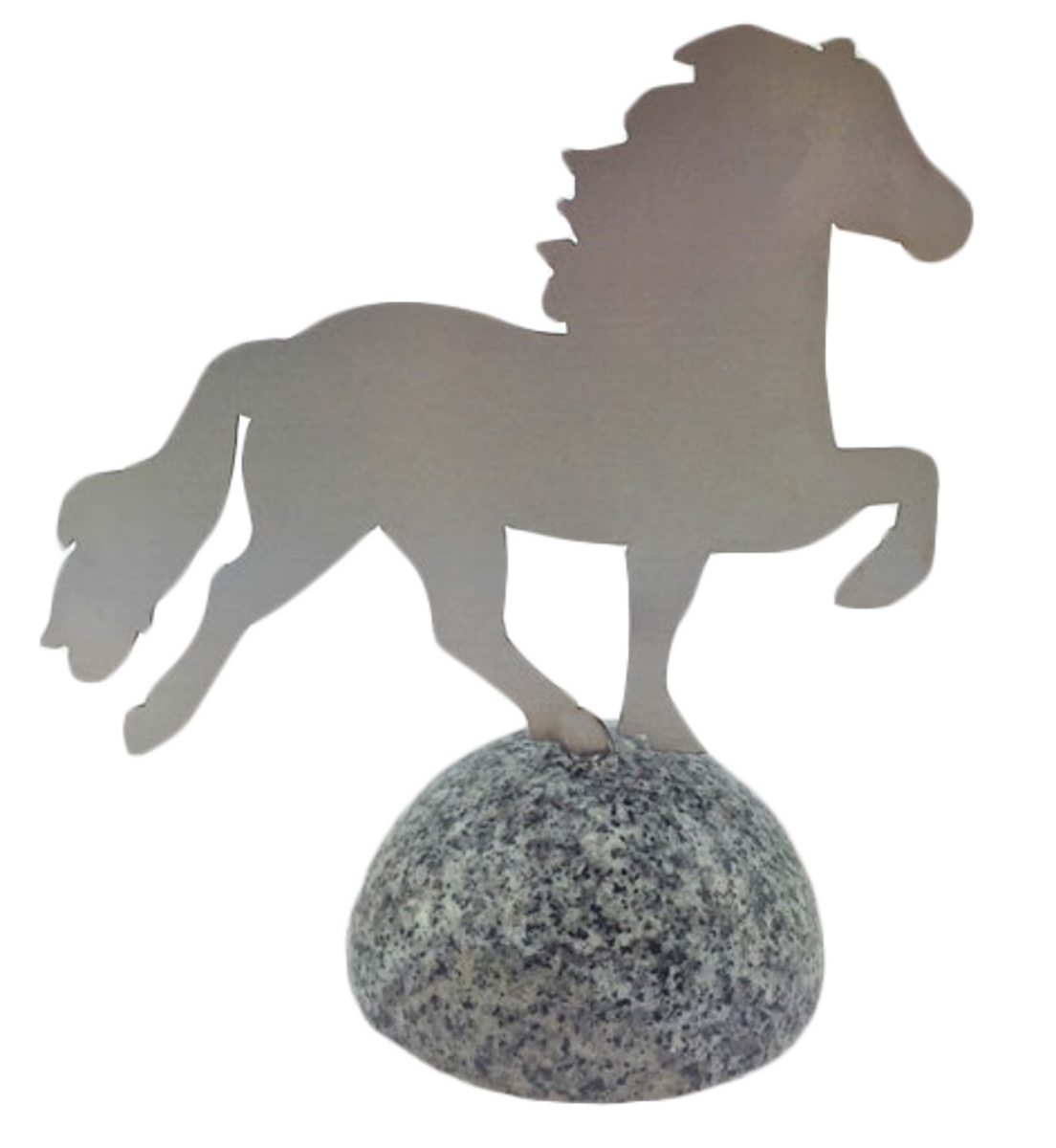 Dekoratives Pferd, aus Edelstahl auf poliertem Granitstein von Karlslund