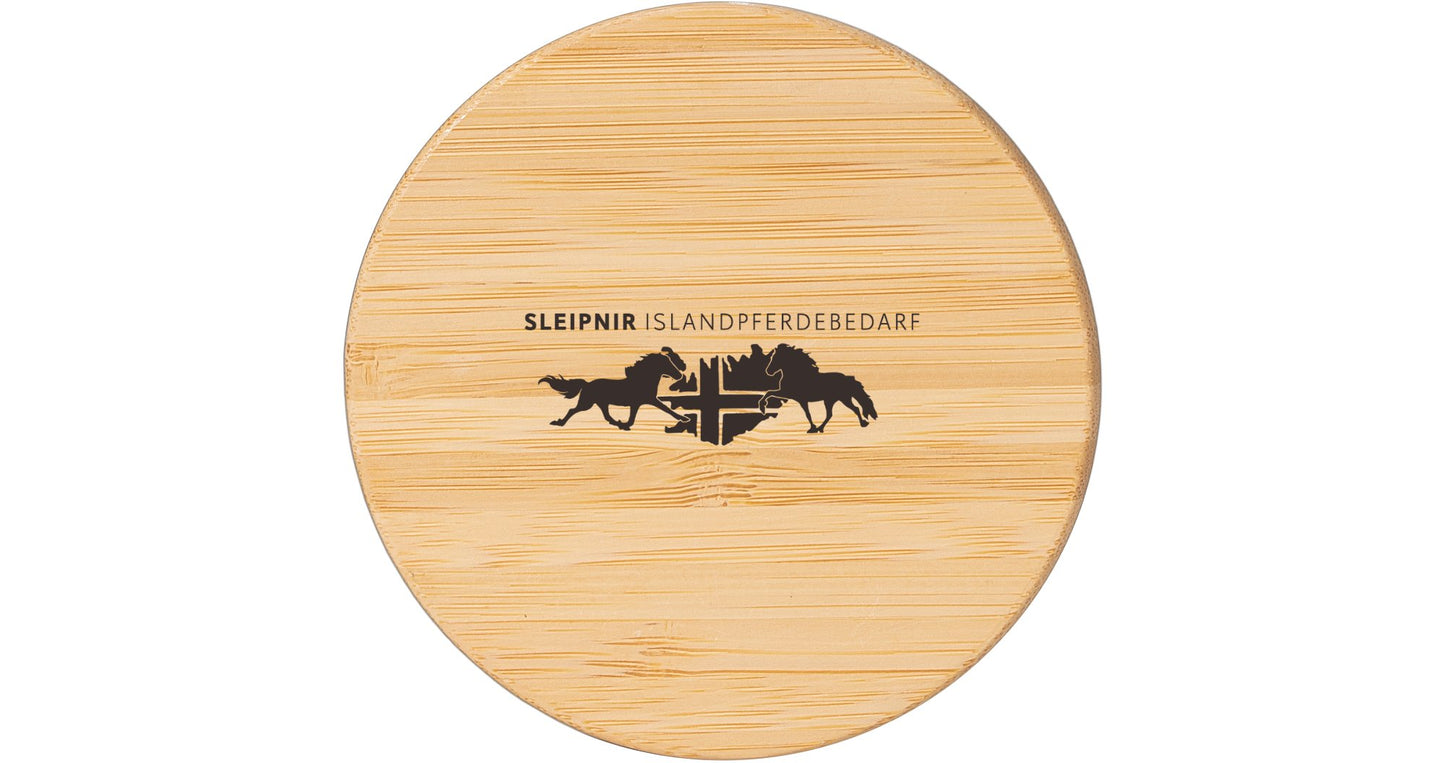 Glas mit Bambusdeckel und Sleipnir Islandpferdebedarflogo
